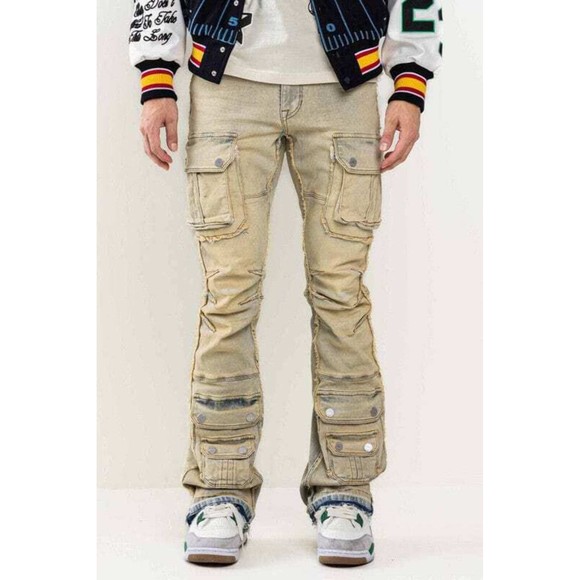 Men Stacked Jeans Multi Cargo Pockets Denim Pants on - Picture 4 of 14